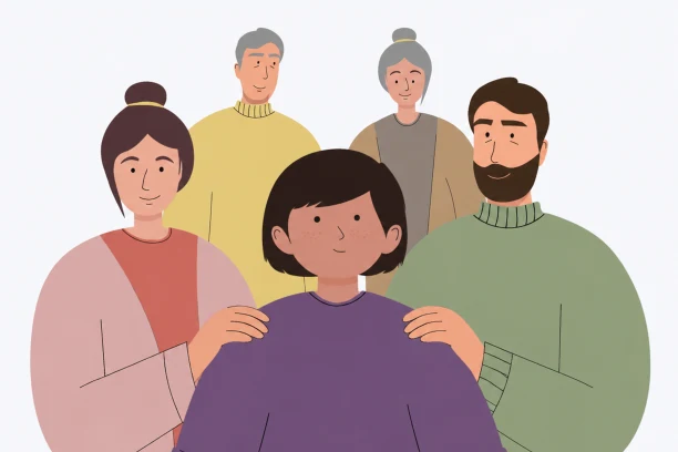 Illustration av ett barn med båda föräldrarna och mor- och farföräldrarna bakom sig