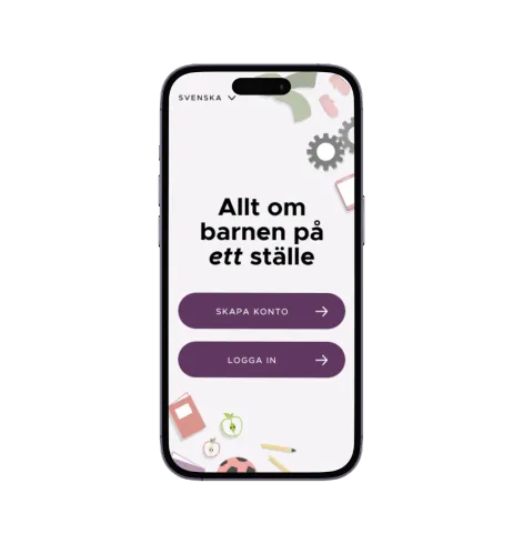 Appens startskärm i mobilen med rubriken ”Allt om barnen på ett ställe” och knappar för att skapa konto och logga in