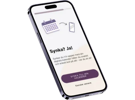 Mobil med appens synkningsruta "Synka? Ja!" och knappen Synka till min kalender