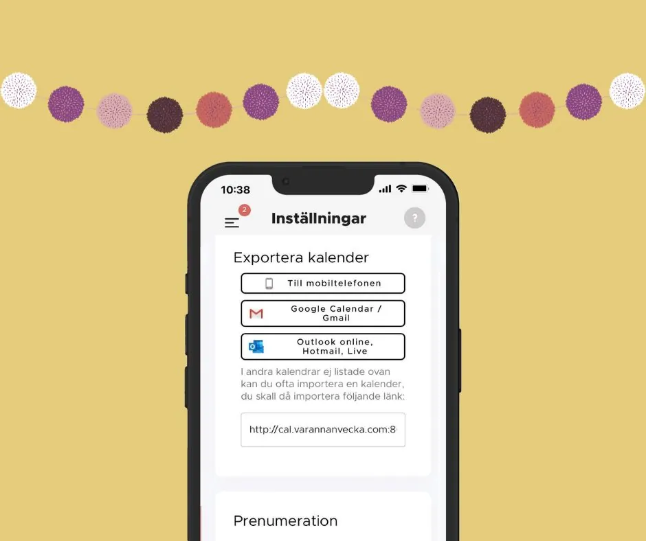 Appens inställningar med Exportera kalender: till mobilen, Google Calendar eller Outlook, samt en länk att kopiera