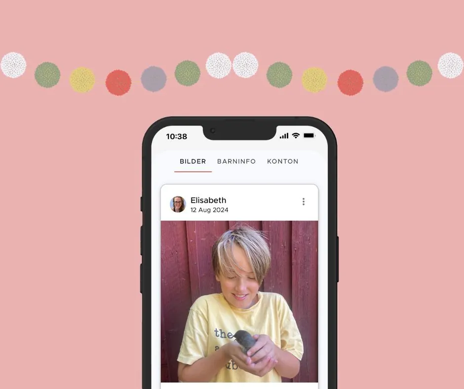 Appens flik Bilder med ett foto som Elisabeth delat 12 aug 2024: ett barn som håller en liten fågel