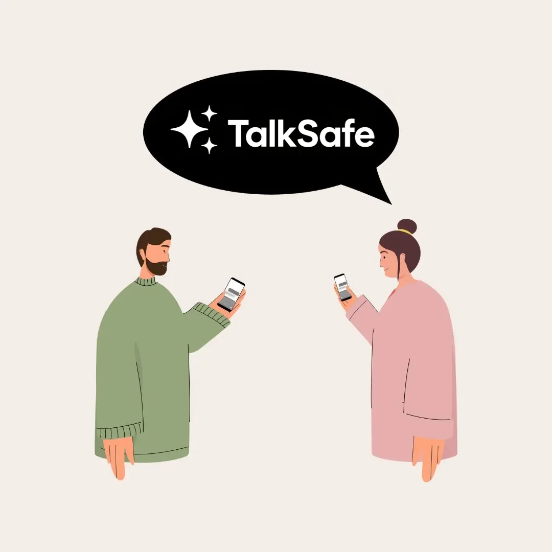 Illustration av två föräldrar med varsin mobil och en svart pratbubbla med texten TalkSafe emellan