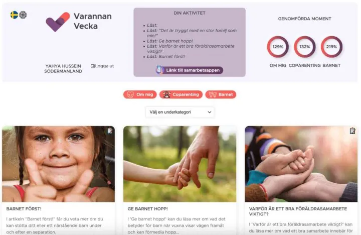 Separationsguidens översikt med ringar för genomförda moment: 129 % Om mig, 132 % Co-parenting, 219 % Barnet