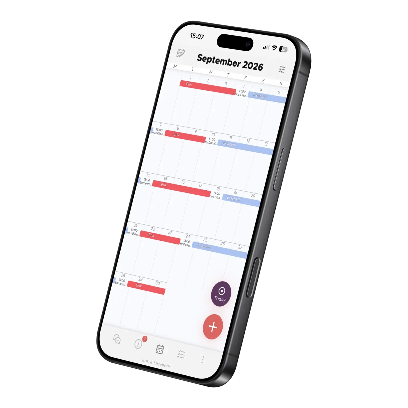 Appens kalender för september 2026 i en mobil, föräldrarnas veckor markerade som röda och blå staplar